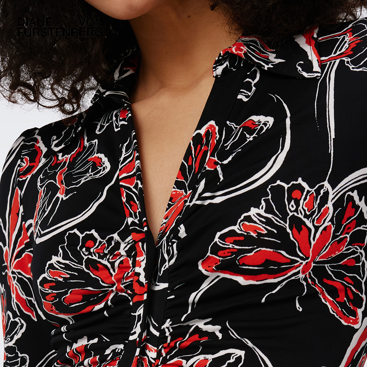 DVF 黑红蝴蝶印花长袖修身连衣裙DL3S014 - 图0