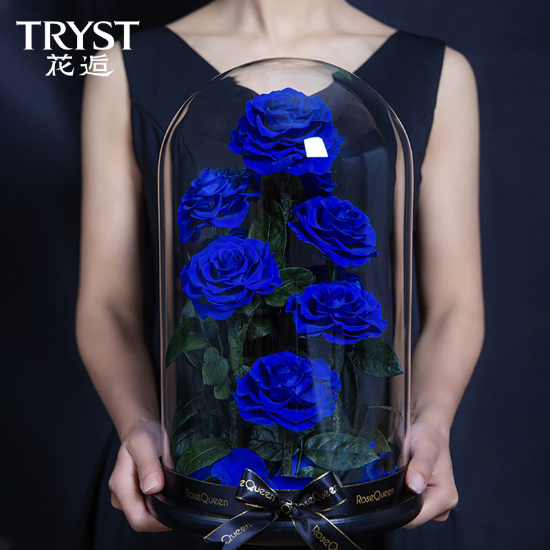 花逅永生花巨大号玻璃罩摆件9朵玫瑰花束七夕情人节送女朋友礼物