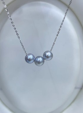 7-8mm海水akoya真多麻纯银万能链经典三珠微笑款正圆强光微瑕