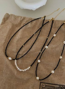 淡水珍珠黑色水晶项链女韩国小