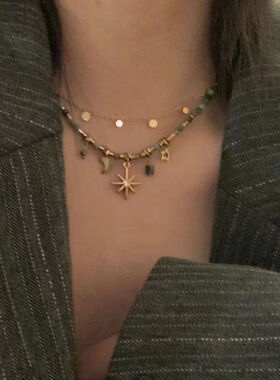 复古串珠叠戴项链女波西米亚太阳花小众设计锁骨链颈链毛衣链配饰