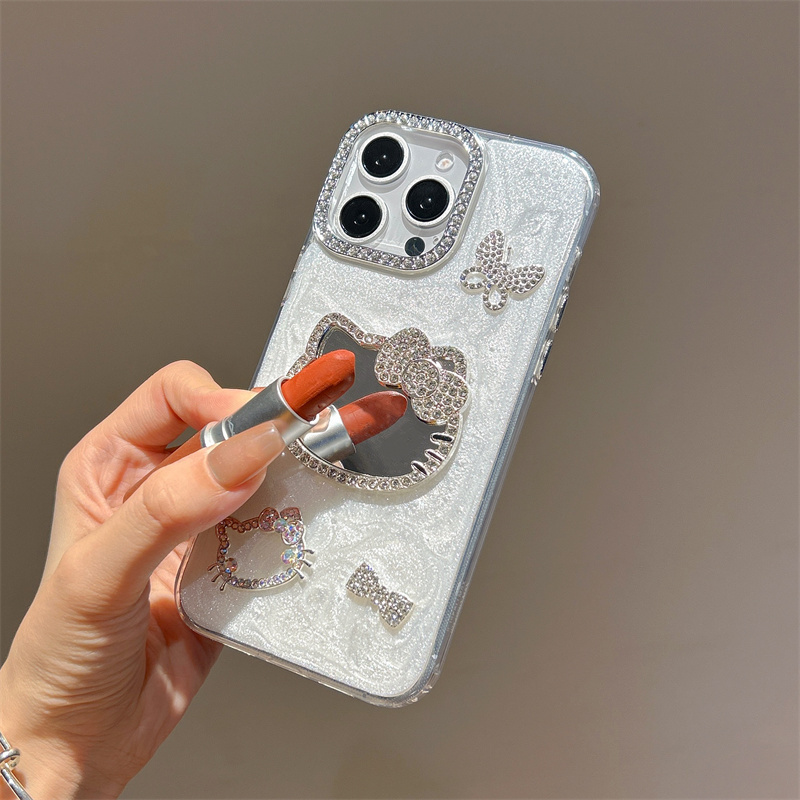 满钻蝴蝶结KT猫镜子适用于谷歌GooglePixel10手机壳9A水钻镜框Pixel5XL补妆镜面8pro高级感6A可爱4A珠光白7女 - 图3