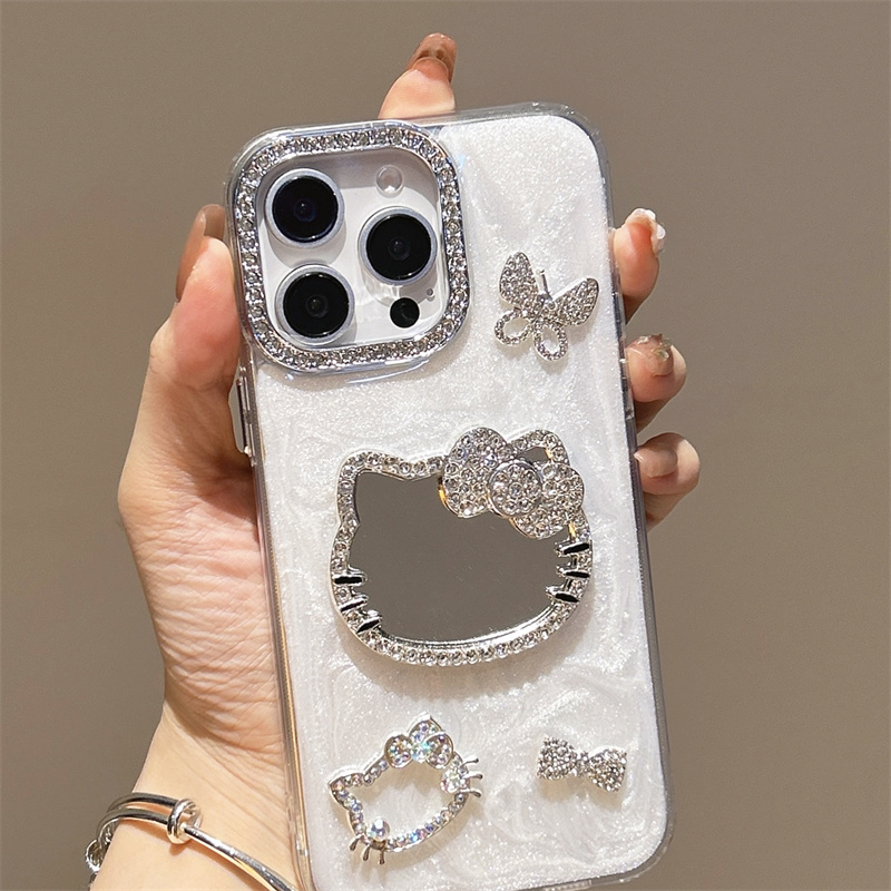 满钻蝴蝶结KT猫镜子适用于谷歌GooglePixel10手机壳9A水钻镜框Pixel5XL补妆镜面8pro高级感6A可爱4A珠光白7女 - 图1