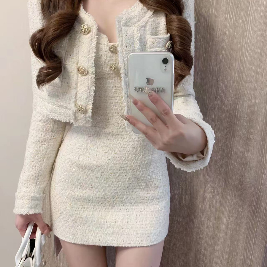 秋冬盐系轻熟高级感御姐名媛气质小香风外套吊带连衣裙两件套装女,淘宝优惠券,粉丝福利购,淘宝优惠卷