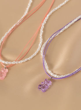 花迹小熊吊坠项链女多层叠戴