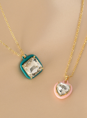 花迹绿色几何方形项链女