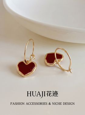 花迹酒红滴油爱心圆环耳坠