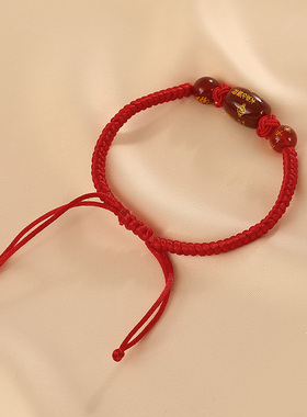 花迹红色编织绳手链女