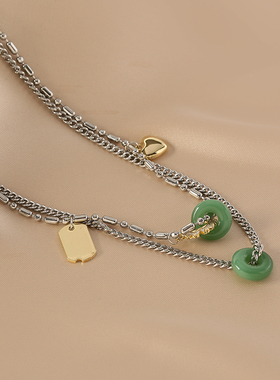 花迹绿色平安扣双层叠戴项链女