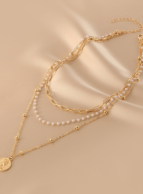 花迹多层叠戴珍珠项链女