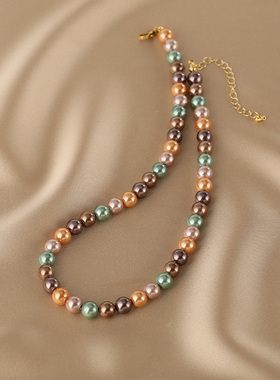 花迹彩色珍珠项链女小众设计感