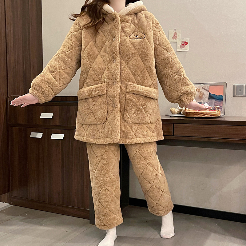 珊瑚绒睡衣女冬季三层夹棉袄加厚加绒中长款连帽睡袍法兰绒家居服