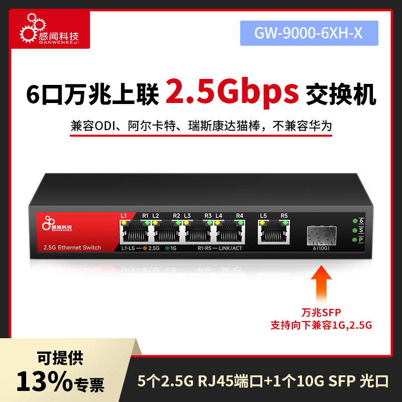 感闻5口6口万兆交换机2.5G网络交换机+1个10g光口非管理型即插即用sfp光纤交换器企业家用防雷以太网交换机 - 图2