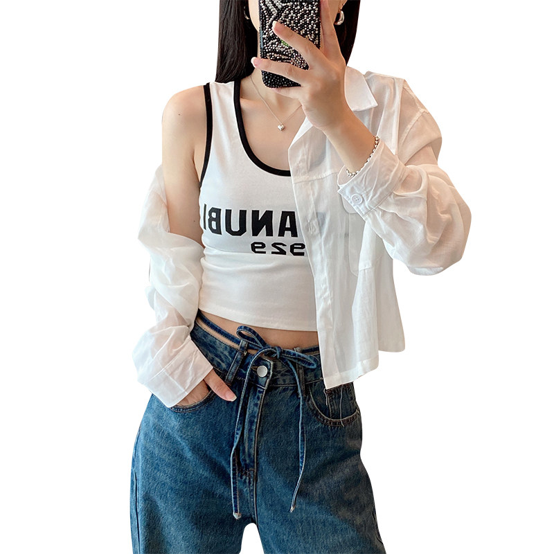 性感短款背心套装薄款防晒外套衬衫 洁卉娜时尚套装