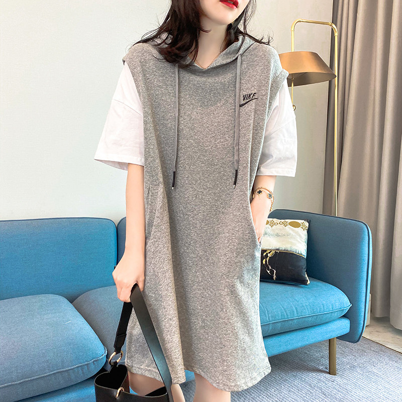 宽松中长款带帽假两件连衣裙卫衣裙 洁卉娜连衣裙