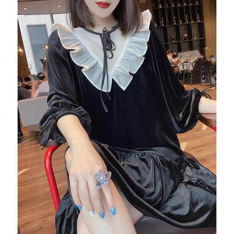 法式复古网纱拼接丝绒小黑裙连衣裙 蜜恒连衣裙