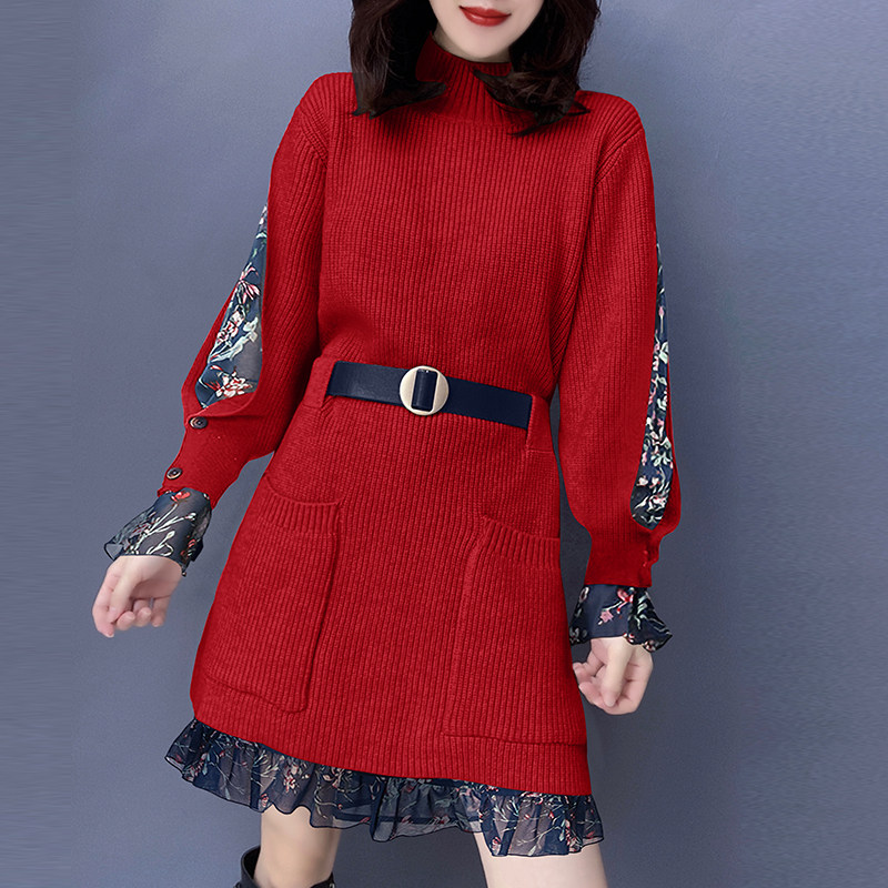 时尚减龄拼接网纱红色收腰2020毛衣 蜜恒连衣裙