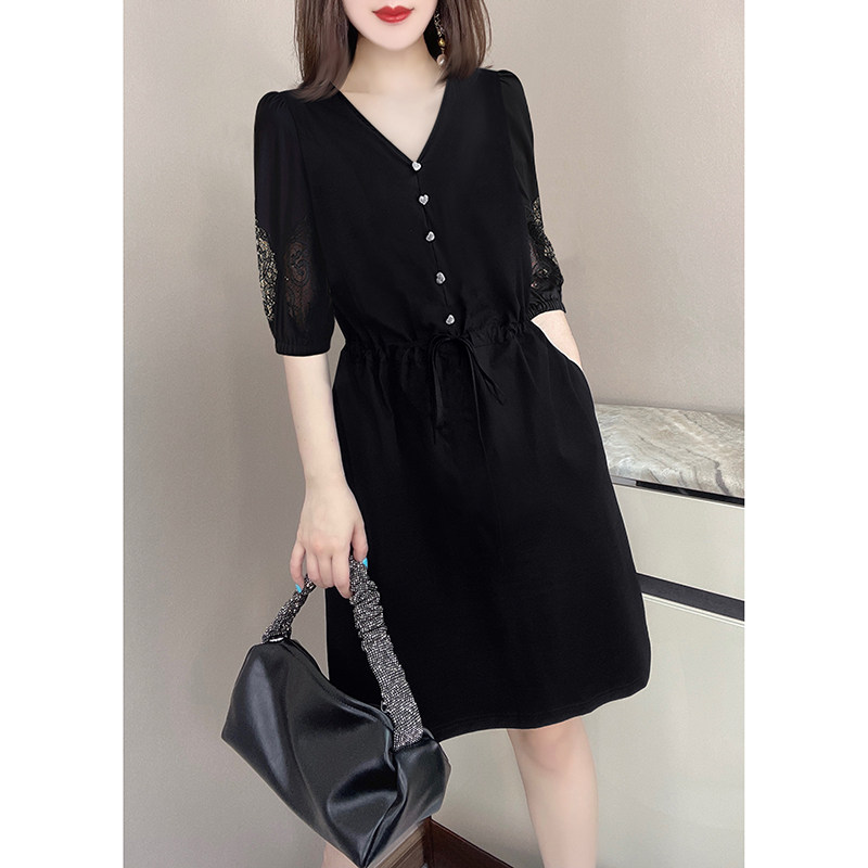 法式黑色v领镂空泡泡袖收腰连衣裙 蜜恒连衣裙