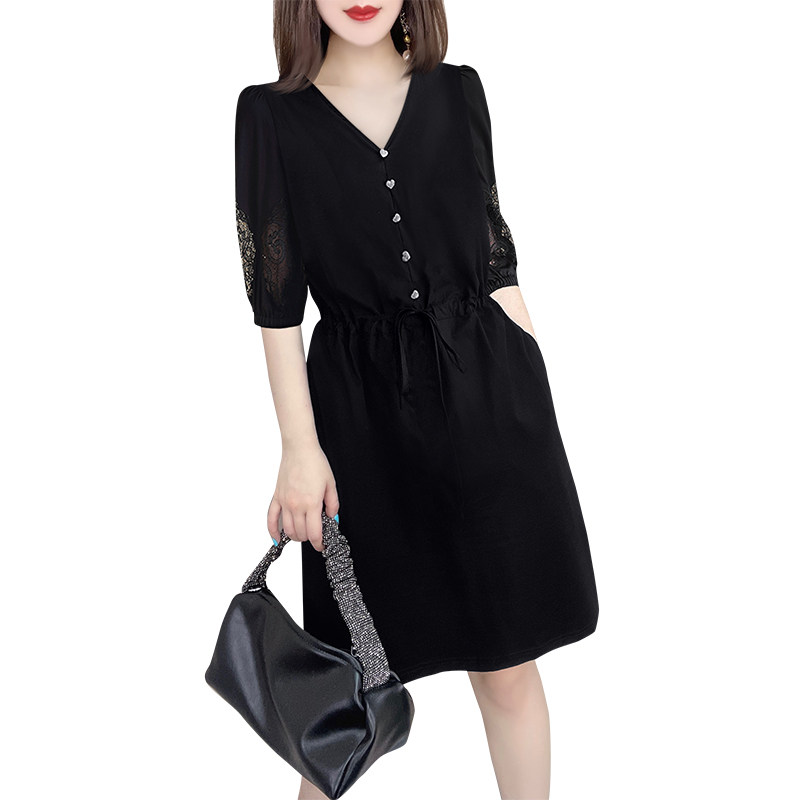 法式黑色v领镂空泡泡袖收腰连衣裙 蜜恒连衣裙