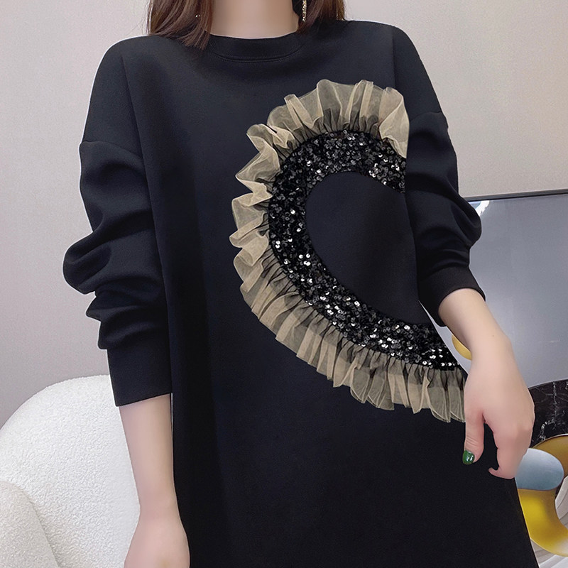 黑色气质减龄网纱拼接宽松2022卫衣 蜜恒连衣裙