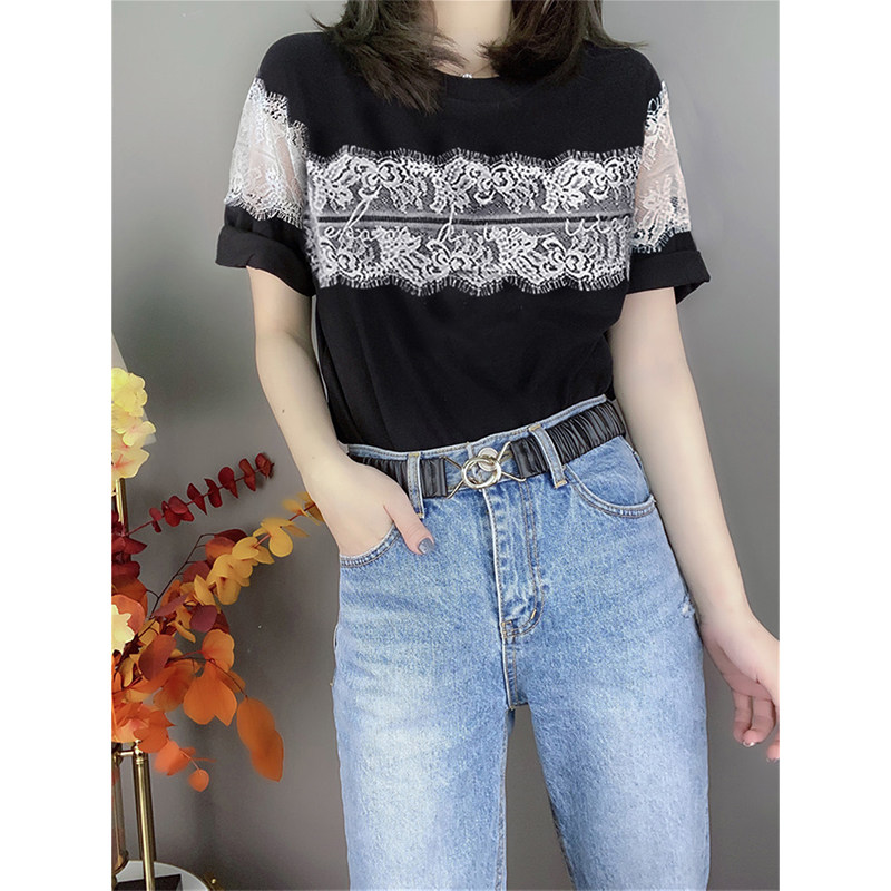 设计感宽松蕾丝镂空小衫短袖棉t恤 蜜恒T恤