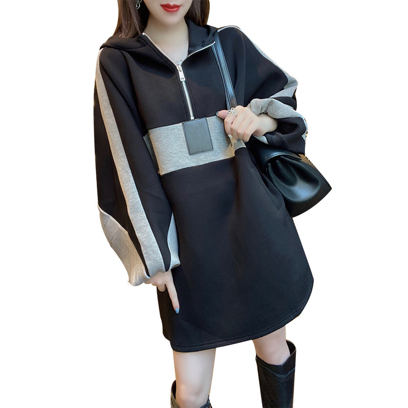 潮流减龄宽松半开领黑色2020卫衣裙 蜜恒连衣裙