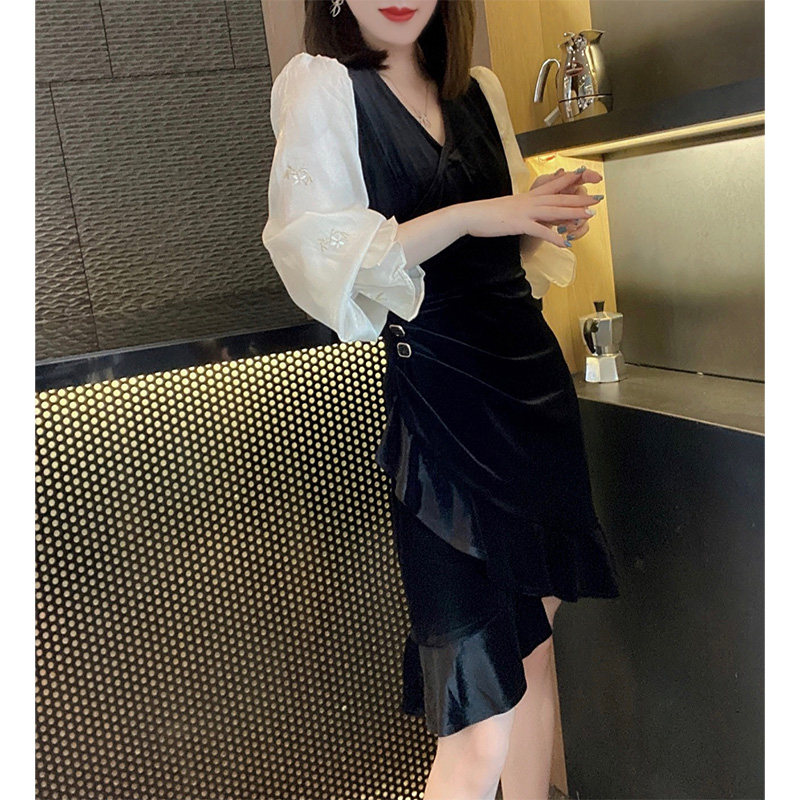 法式收腰气质荷叶边裙名媛连衣裙 蜜恒连衣裙