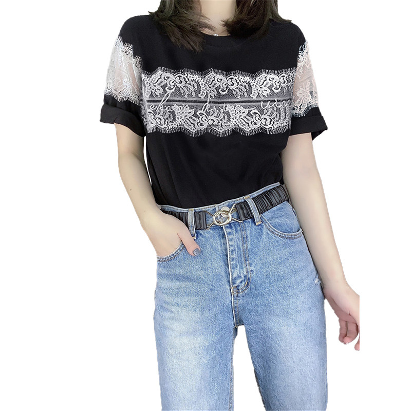 设计感宽松蕾丝镂空小衫短袖棉t恤 蜜恒T恤