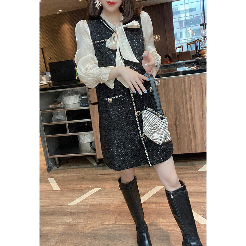 气质假两件拼接雪纺黑色2020衬衫裙 蜜恒连衣裙