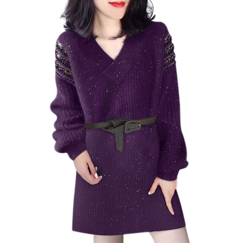 v领收腰中长款紫色气质针织连衣裙 蜜恒连衣裙