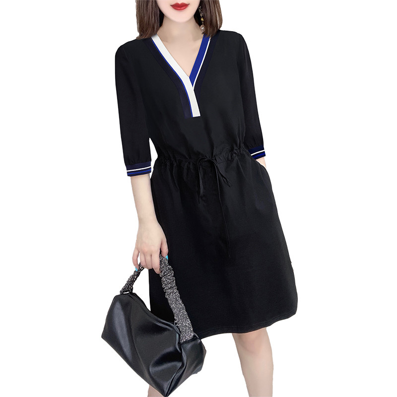 赫本风简约v领收腰显瘦黑色连衣裙 蜜恒连衣裙