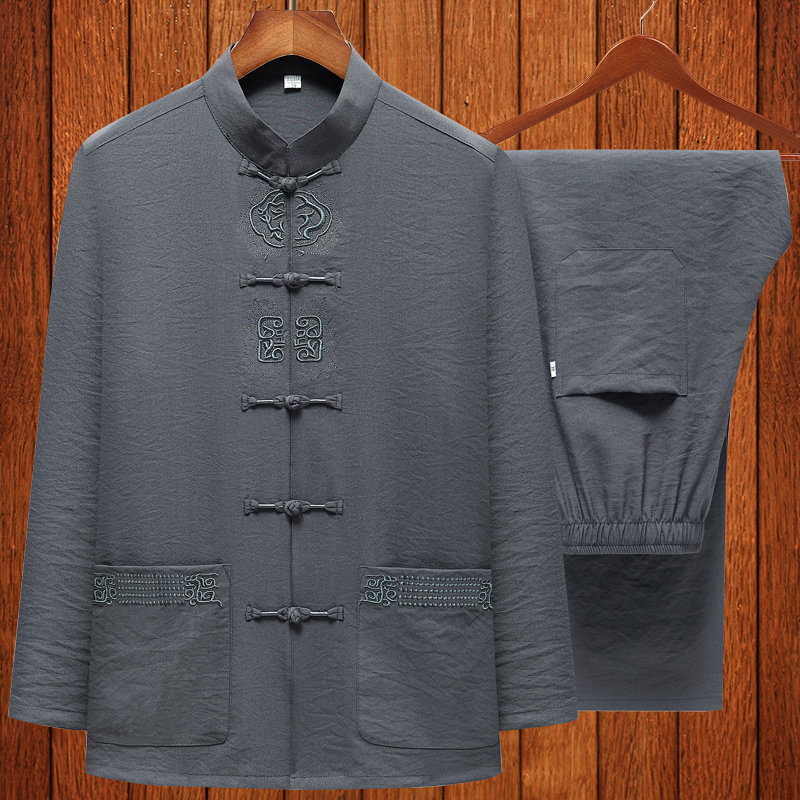 夏季中老年唐装男长袖中国风棉麻装 柒赢唐装