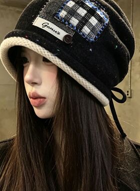 2026秋冬新款贴布抽绳堆堆帽女针织保暖护耳显脸小慵懒风毛线冷帽