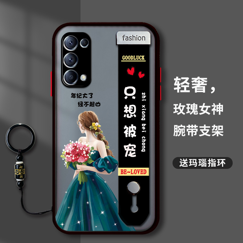 适用opporeno5手机壳reno5pro腕带新款女款曲面屏0pp0reno5pro十全包防摔保护套5k手机套硅胶磨砂带挂绳支架 - 图1