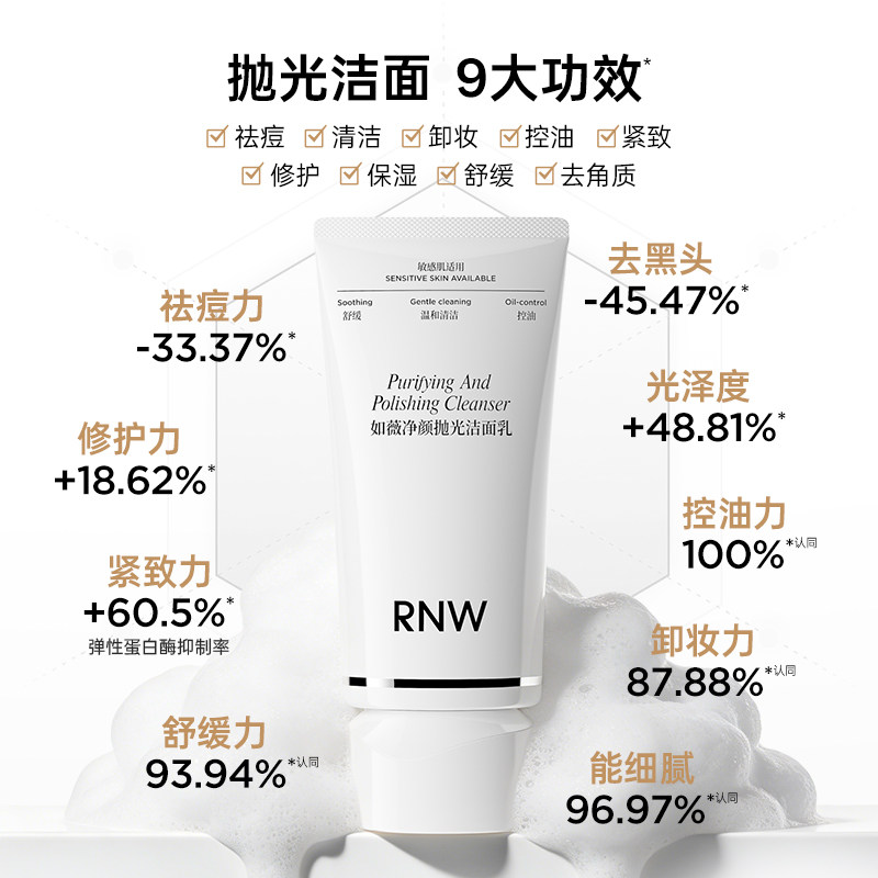 RNW抛光洗面奶女焕亮保湿洁面乳男士深层清洁毛孔卸淡妆抗氧抗糖