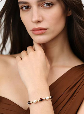 Clau Cris天然虎眼石淡水珍珠焦糖月光手链轻奢高级焦糖色通勤