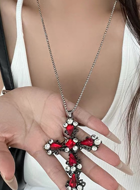 哥特风项链重工红色十字架吊坠女