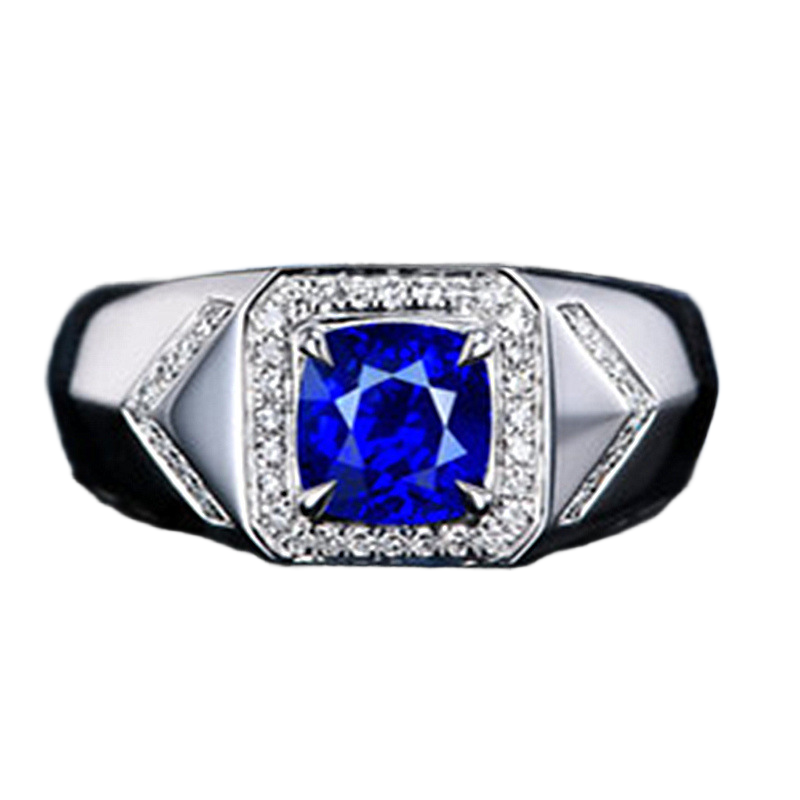 韩版正方钻蓝宝石戒指男戒镀18K钻石镶嵌蓝刚玉水晶八心八箭 - 图3