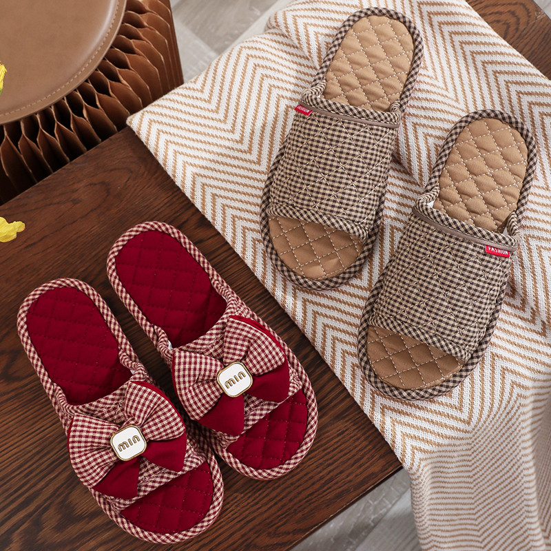 新款蝴蝶结女室内布艺加厚牛筋底布底情侣家居防滑男软底四季拖鞋,淘宝优惠券,粉丝福利购,淘宝优惠卷