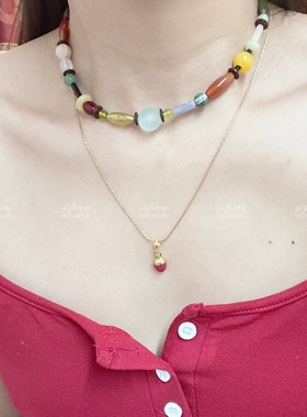 「三色松果」法式简约百搭玉石可自由变换吊坠18K真空电镀项链首