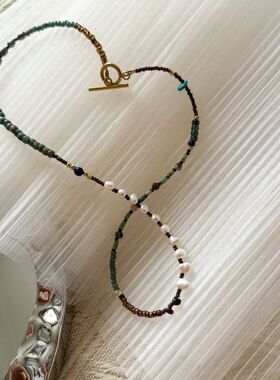 新款珍珠与油彩天然玛瑙绿松石榴镀金情侣项链黑珍珠配白珍珠 异