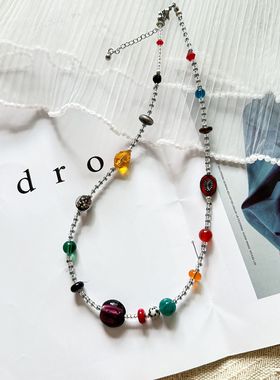 原创 “郭煌”复古色撞色vintage项链多种戴法彩色百搭锁骨链