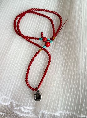 2024年新款白百何同款红色珊瑚串珠嘎乌盒吊坠项链藏族颈链配饰女
