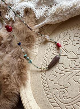 森林项链夏日复古风彩色天然石串珠项链锁骨链个性小众多特色