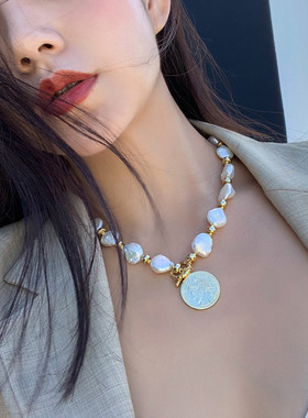 欧阳娜娜张艺兴同款天然巴洛克珍珠硬币项链 气质设计师OT扣锁骨