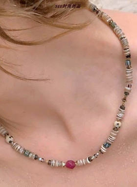 【火山漫步】天然玉石贝壳大地色系手工串珠项链毛伊岛难题黑棕色