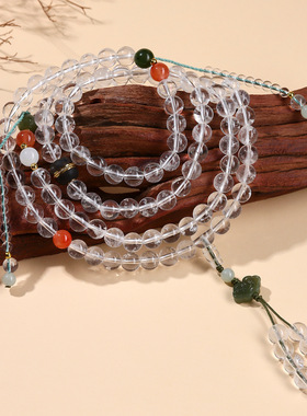 天然白水晶108颗佛珠多圈手链和