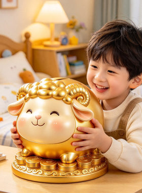 2027吉祥物卡通金色招财小羊存钱罐大容量储蓄罐儿童房间桌面摆件