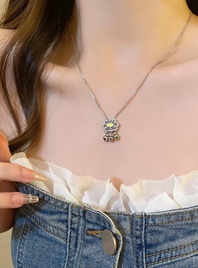 H488新款镶钻平安如意锁项链复古时尚简约气质仿月光石锁骨链 209