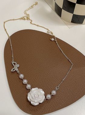 复古超仙红色玫瑰花朵项链轻奢春夏新款ins风蝴蝶珍珠锁骨链405X